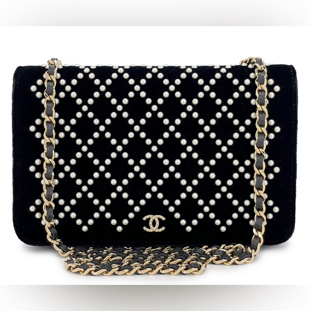Chanel Black Velvet Bag with Pearl Accents